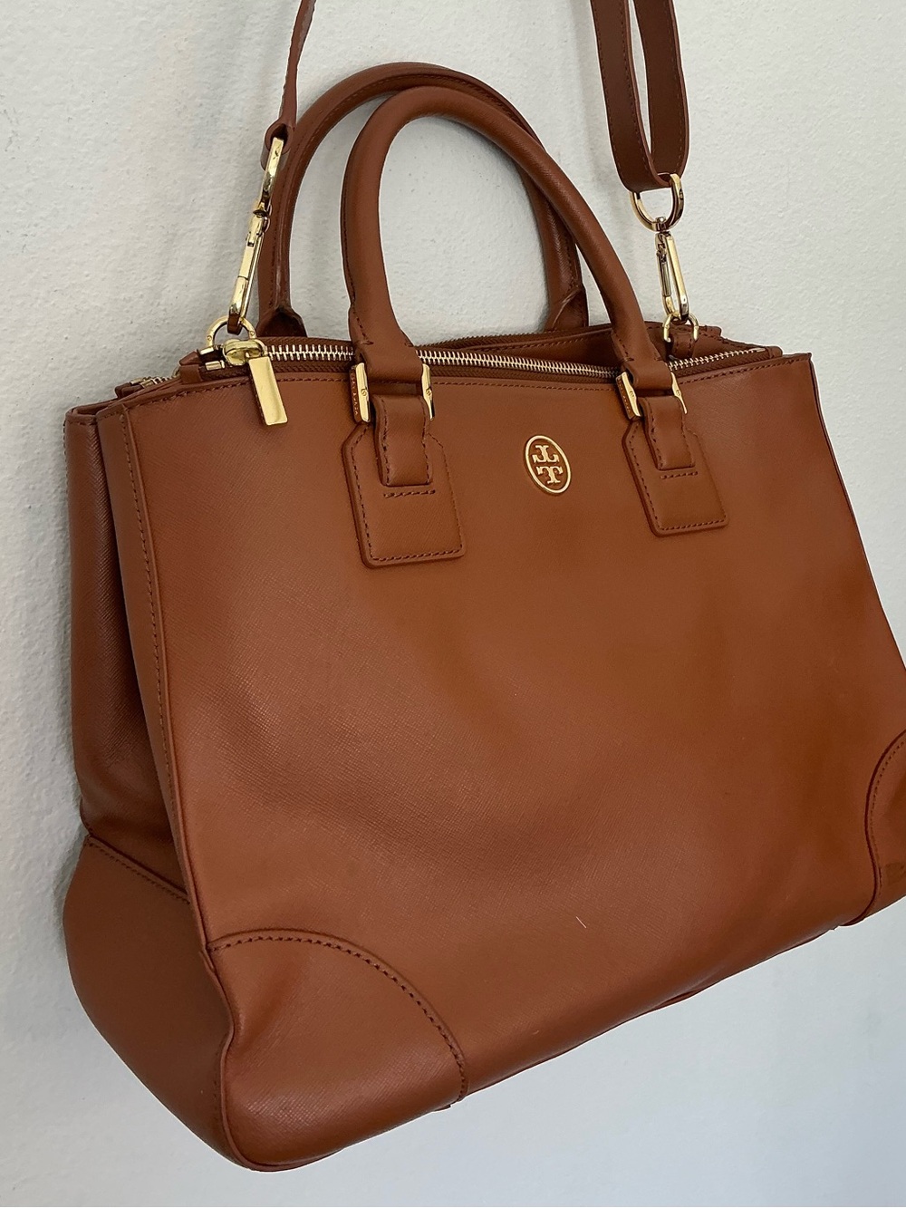 Tory Burch Robinson Double Zip Tote Tan Leather Satchel Crossbody Bag - Picture 2 of 14